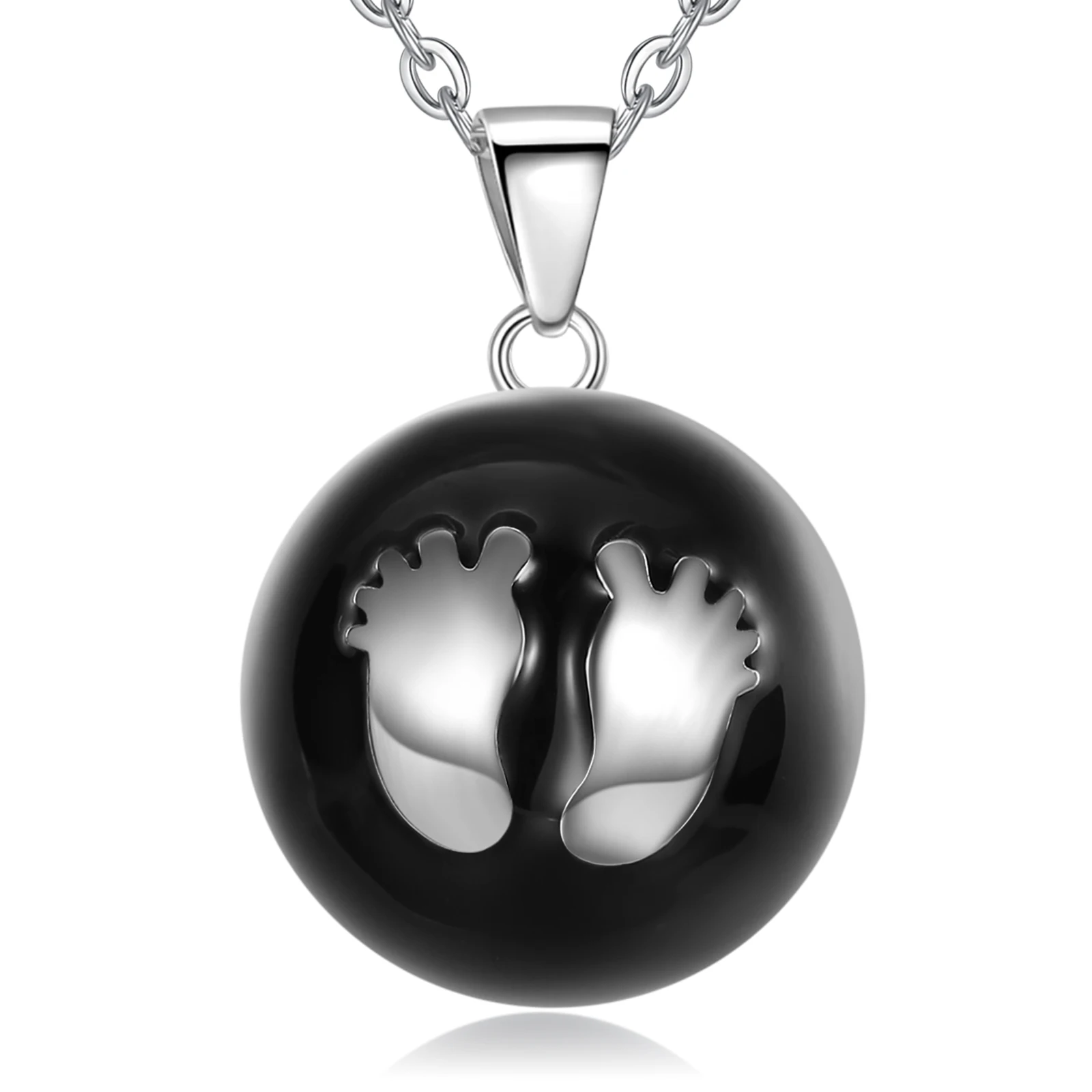Bola de grossesse émaillée noire empreintes de bébé, plaqué argent
