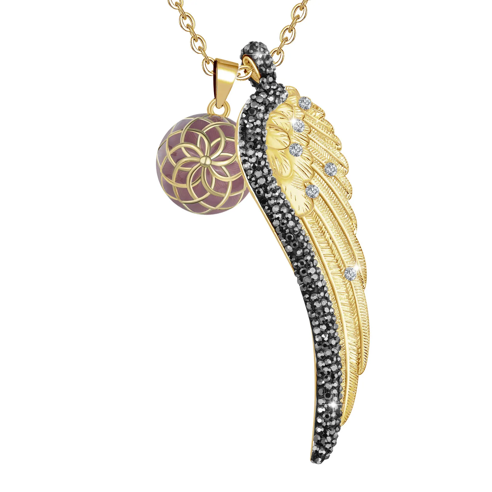 Bola de grossesse aile d'ange strass et bille rose plaqué or