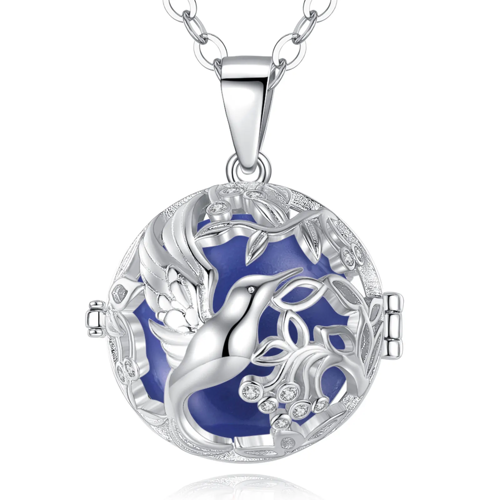 Bola de grossesse plaqué argent colibri et feuillage, bille bleue