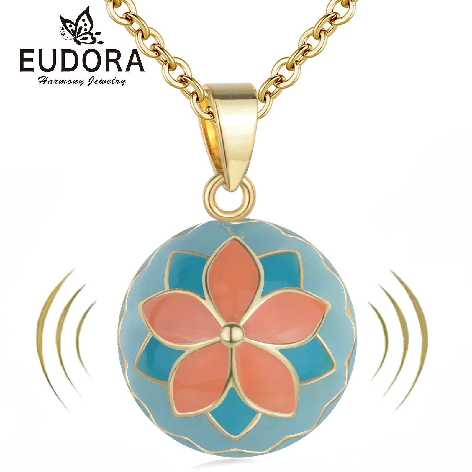 Bola de grossesse plaqué or, boule émaillée turquoise et fleur de lotus – Image 2