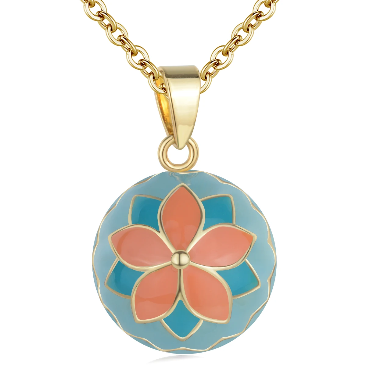 Bola de grossesse plaqué or, boule émaillée turquoise et fleur de lotus